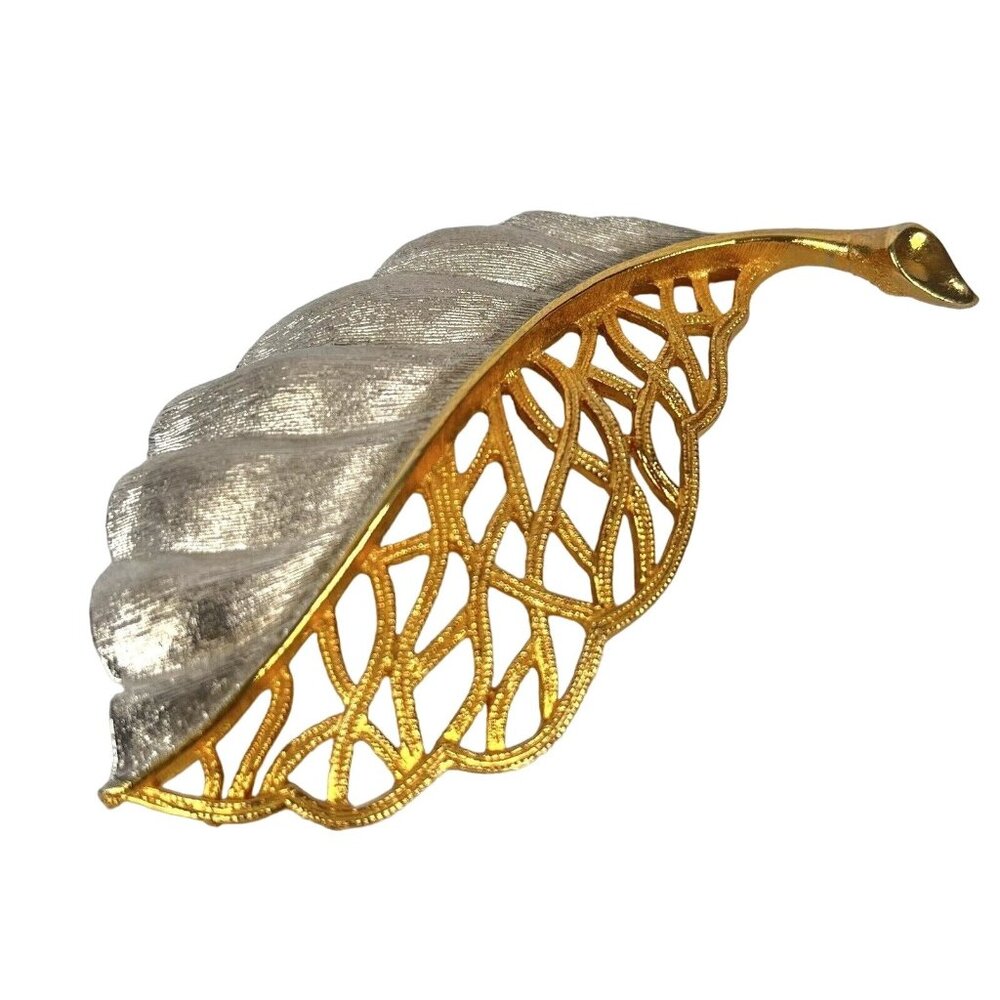 JJ Vintage Gold Two-Tone Filigree Leaf Brooch Pin
